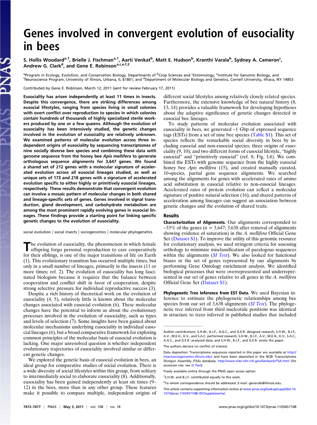 Woodward Et Al. 2011. Genes Involved in Convergent Evolution of Eusociality in Bees