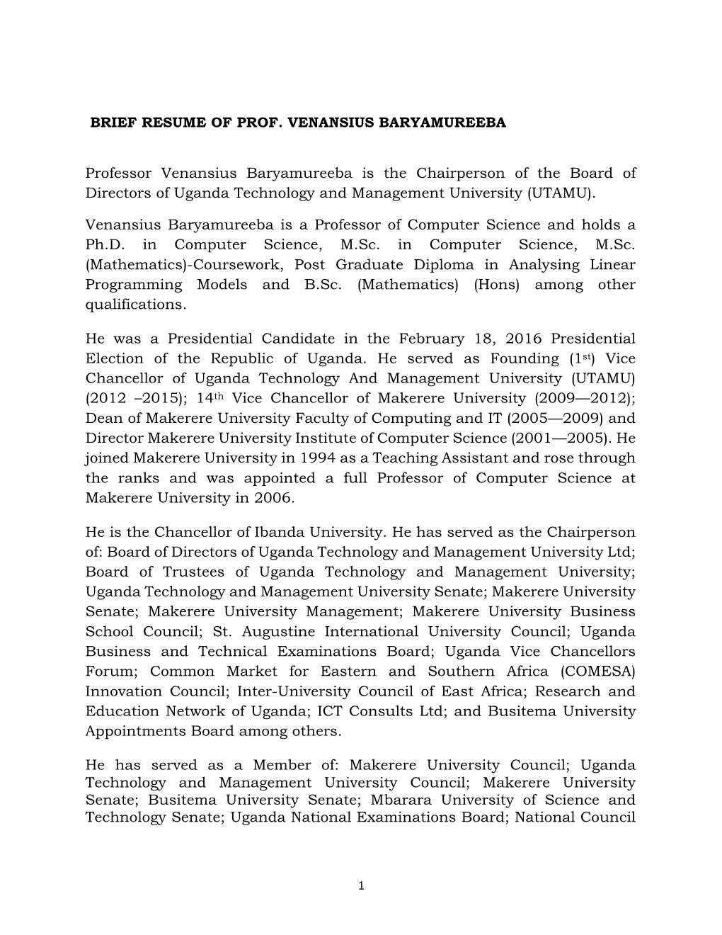 Brief Resume of Prof. Venansius Baryamureeba