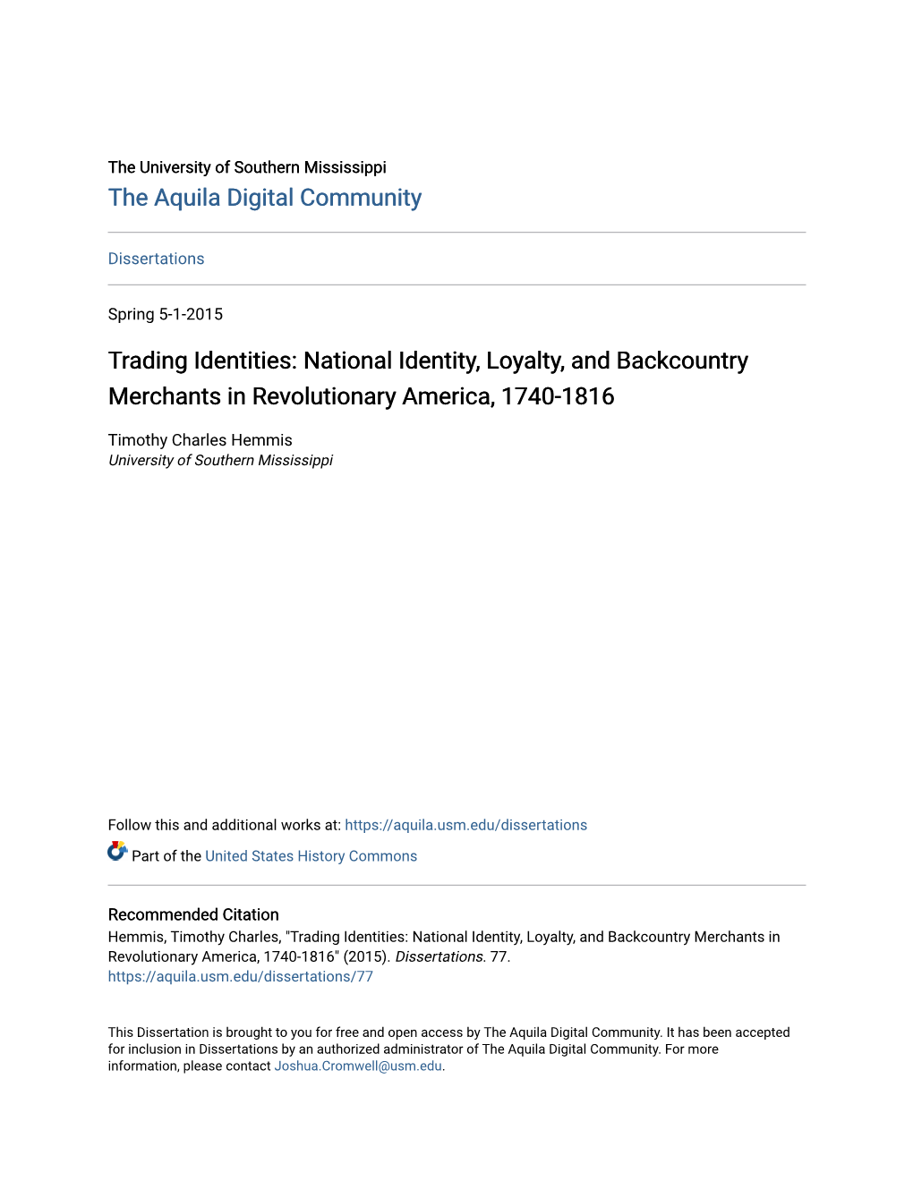 National Identity, Loyalty, and Backcountry Merchants in Revolutionary America, 1740-1816