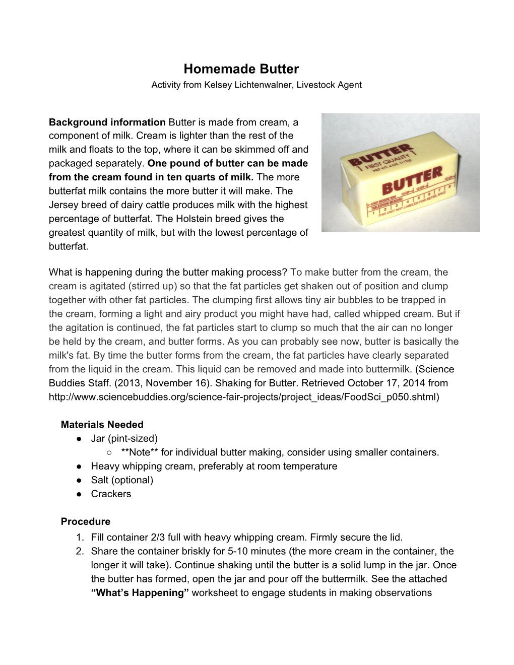 Homemade Butter Activity from Kelsey Lichtenwalner, Livestock Agent