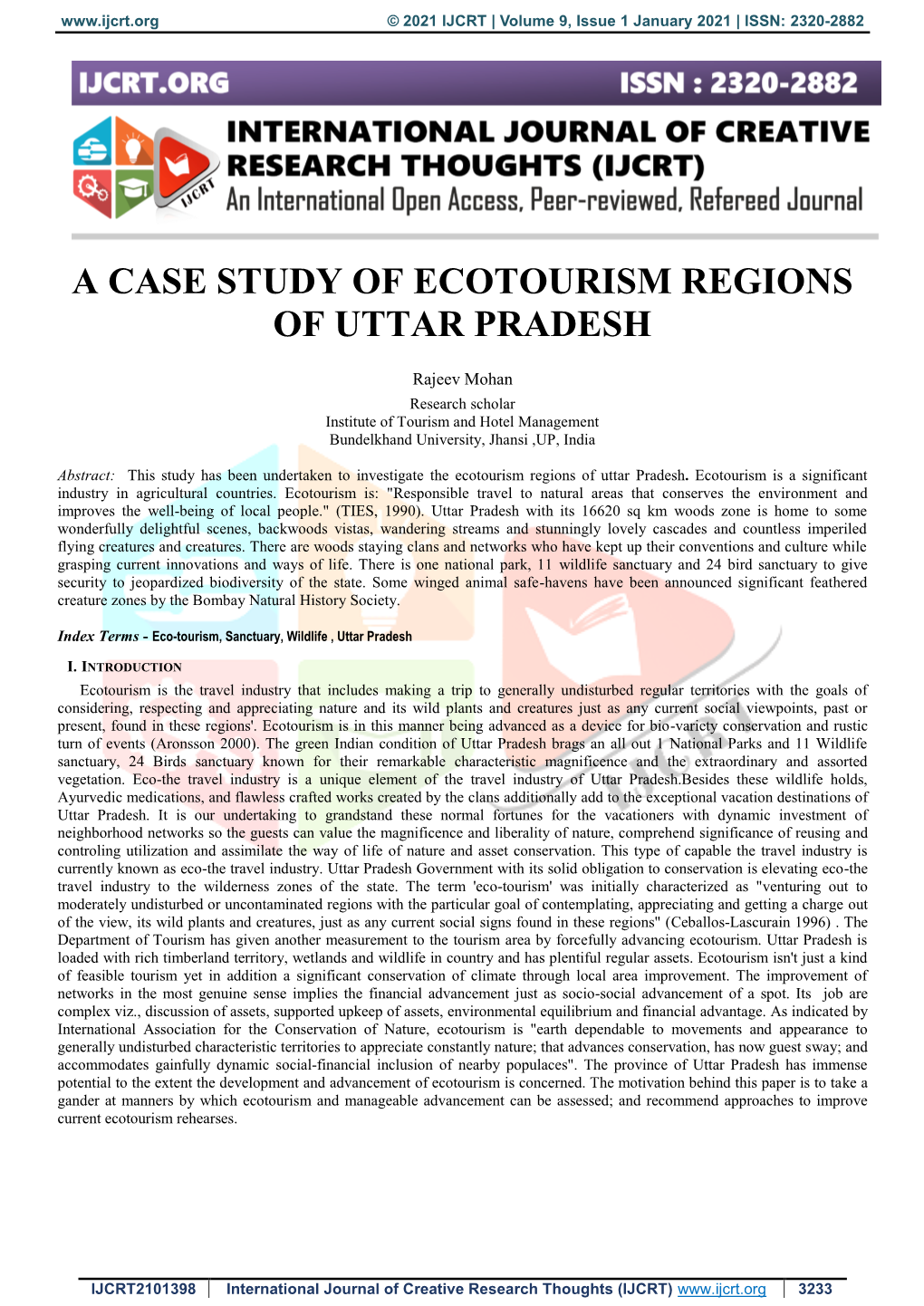 A Case Study of Ecotourism Regions of Uttar Pradesh