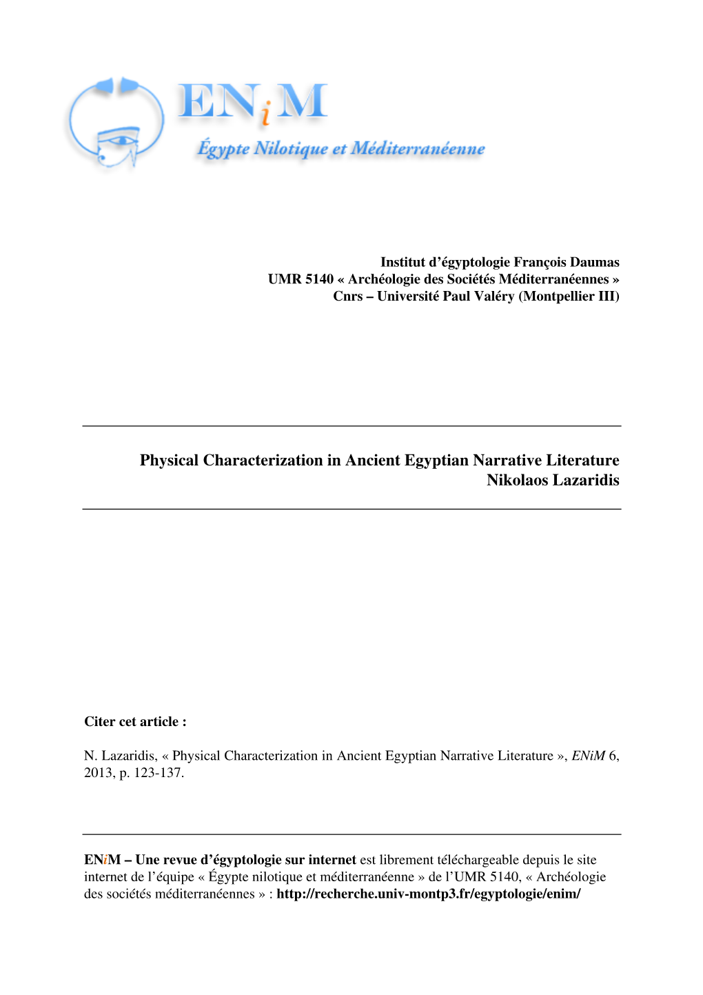 Physical Characterization in Ancient Egyptian Narrative Literature ∗