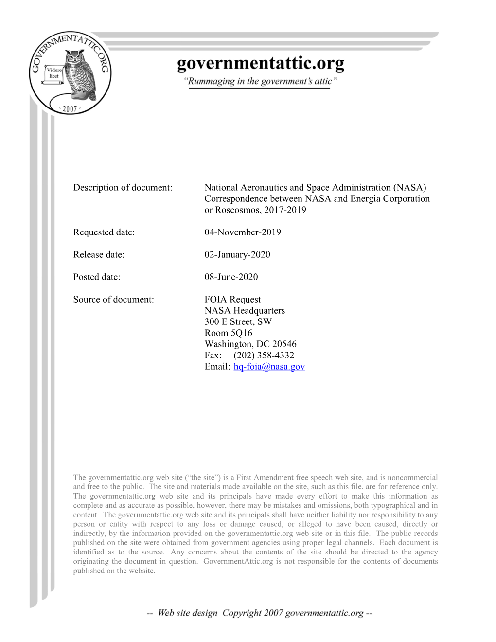 National Aeronautics and Space Administration (NASA) Correspondence Between NASA and Energia Corporation Or Roscosmos, 2017-2019