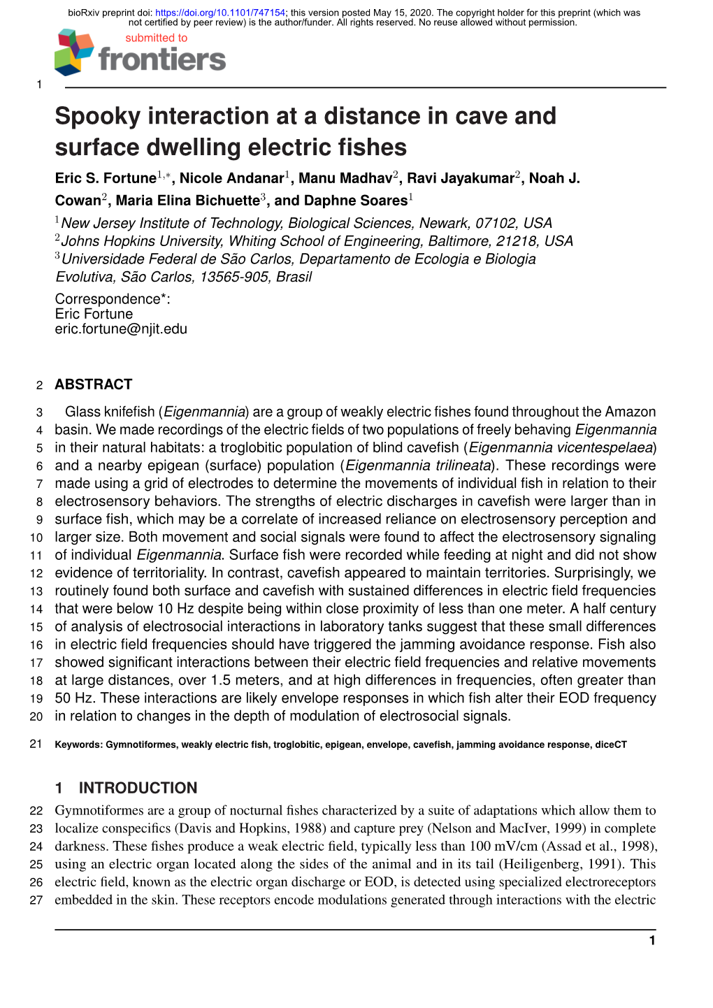 Spooky Interaction at a Distance in Cave and Surface Dwelling Electric ﬁshes Eric S