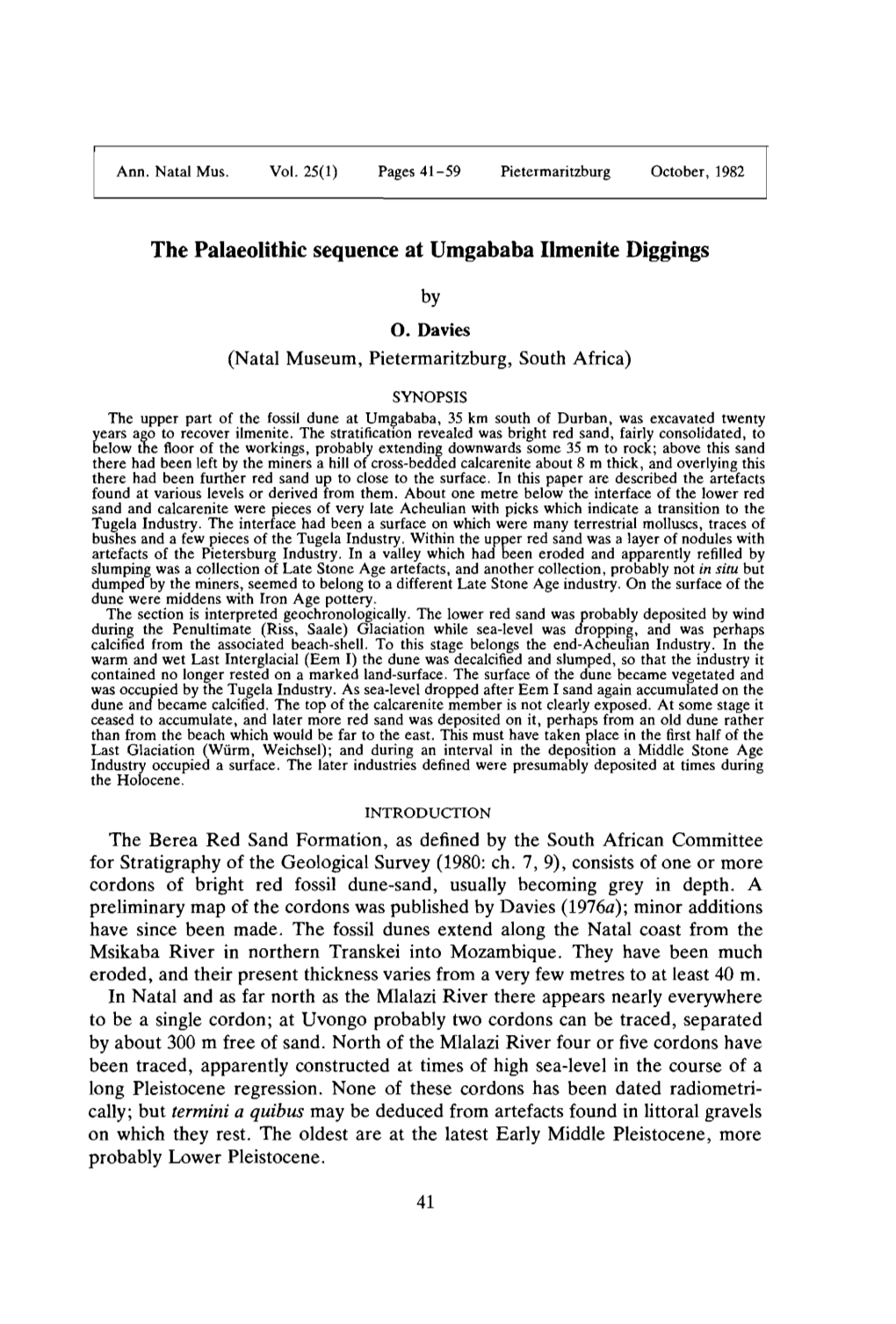 The Palaeolithic Sequence at Umgababa Ilmenite Diggings