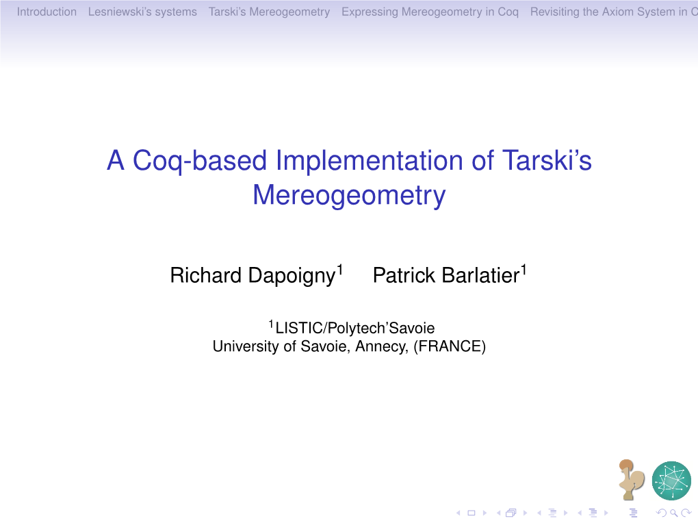 A Coq-Based Implementation of Tarski's Mereogeometry