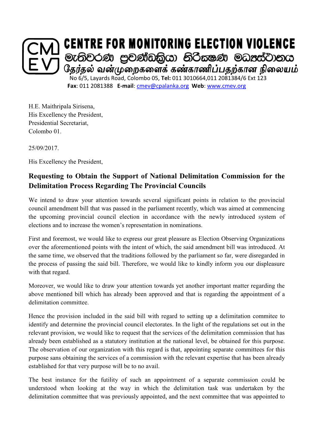 Requesting to Obtain the Support of National Delimitation Commission for the Delimitation Process Regarding the Provincial Councils