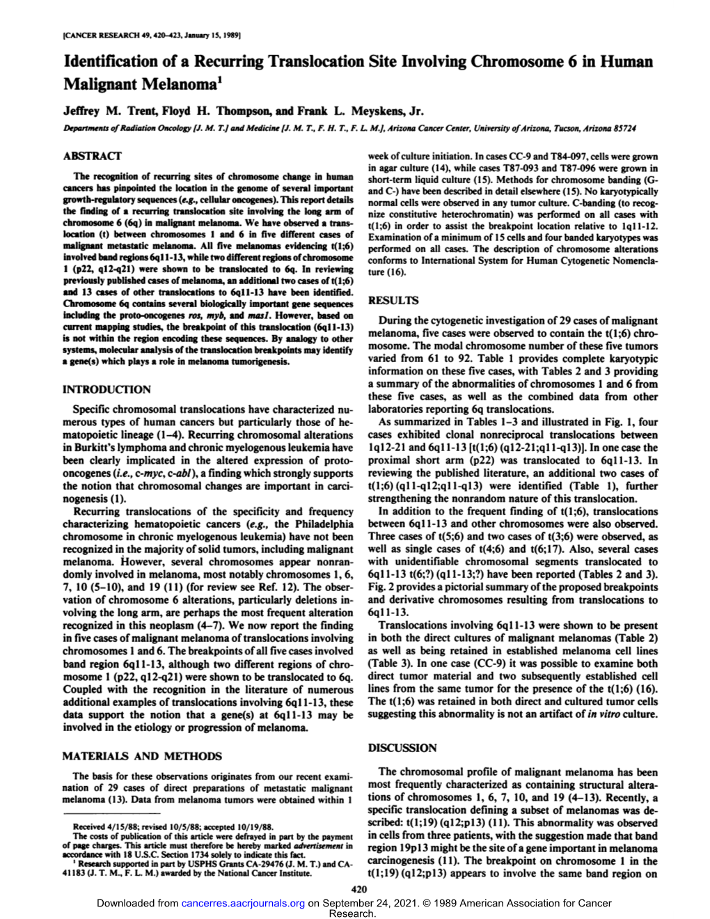 Identification of a Recurring Translocation Site Involving Chromosome 6 in Human Malignant Melanoma1