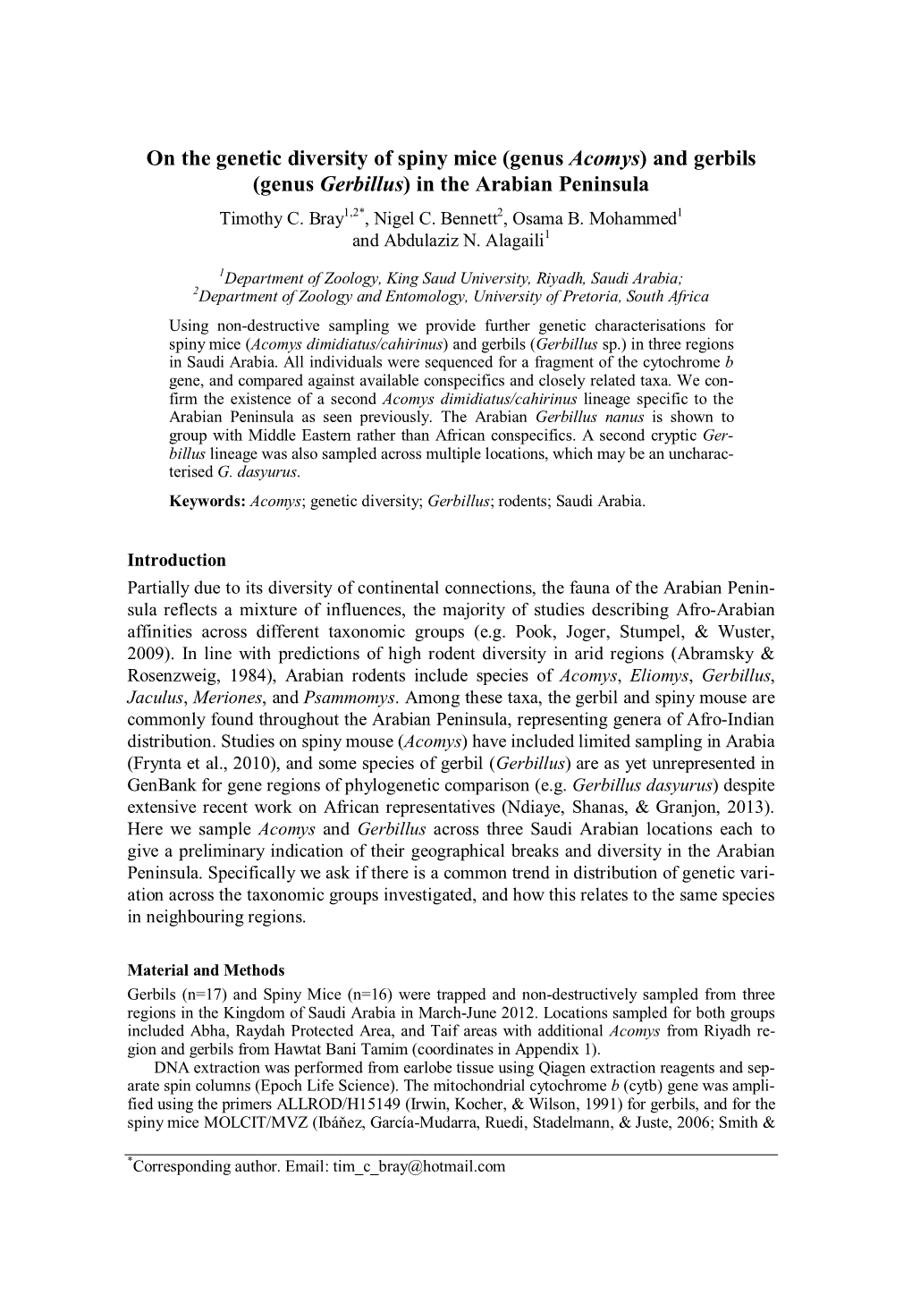 On the Genetic Diversity of Spiny Mice (Genus Acomys) and Gerbils (Genus Gerbillus) in the Arabian Peninsula Timothy C