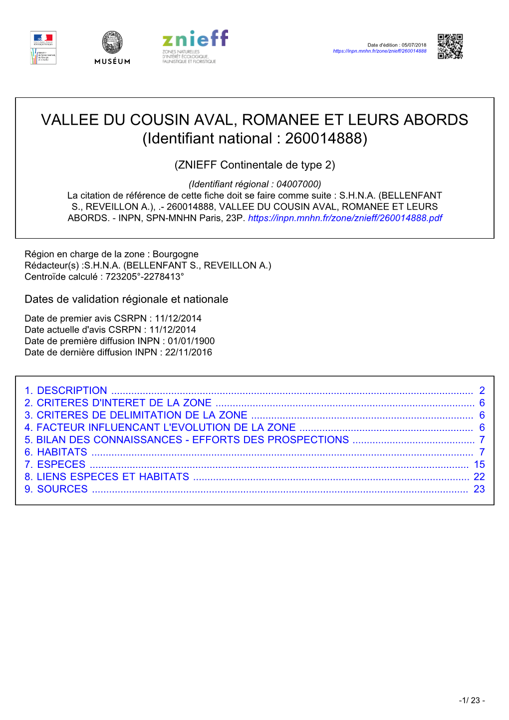 VALLEE DU COUSIN AVAL, ROMANEE ET LEURS ABORDS (Identifiant National : 260014888)