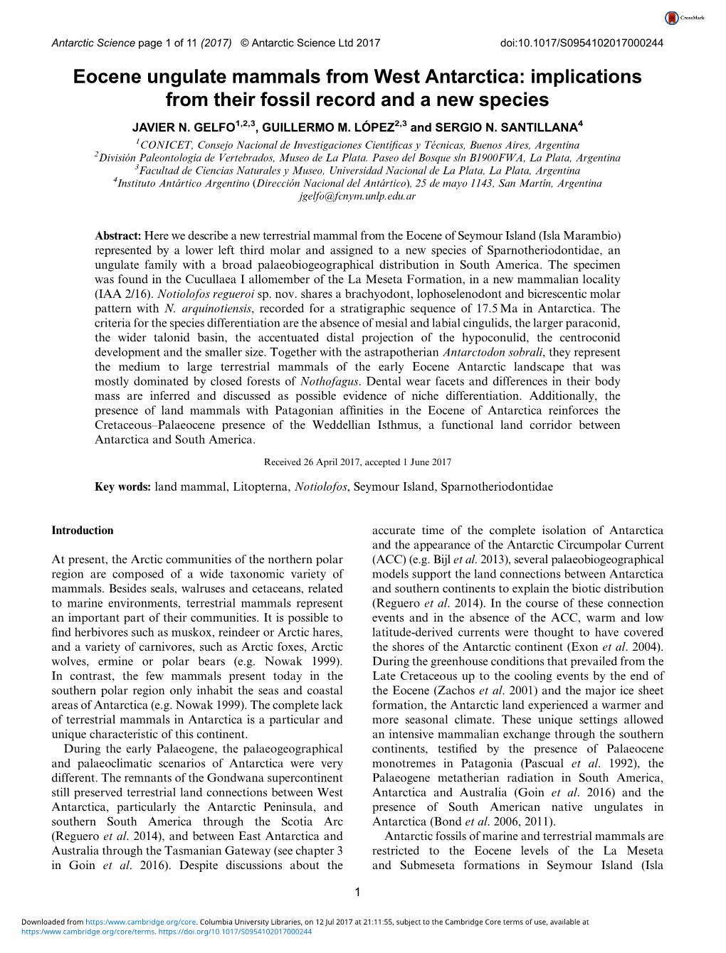 Eocene Ungulate Mammals from West Antarctica: Implications from Their Fossil Record and a New Species JAVIER N