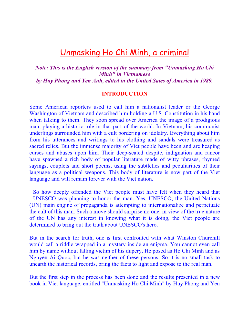 Unmasking Ho Chi Minh, a Criminal