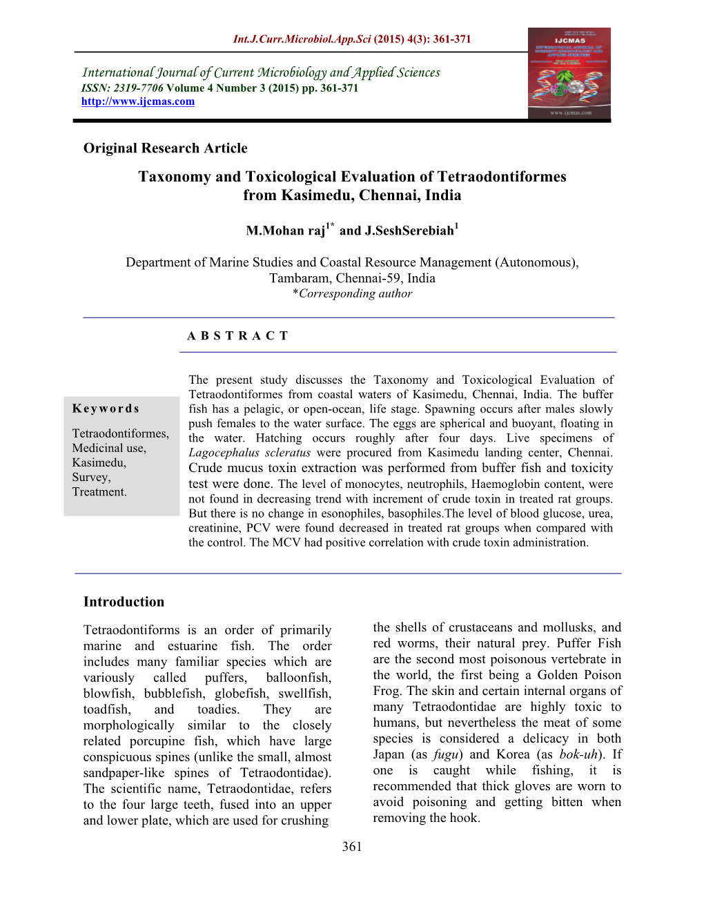 Taxonomy and Toxicological Evaluation of Tetraodontiformes from Kasimedu, Chennai, India