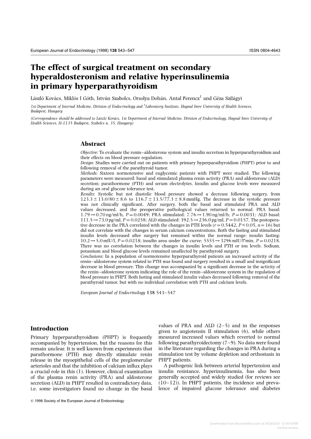 The Effect of Surgical Treatment on Secondary Hyperaldosteronism and Relative Hyperinsulinemia in Primary Hyperparathyroidism