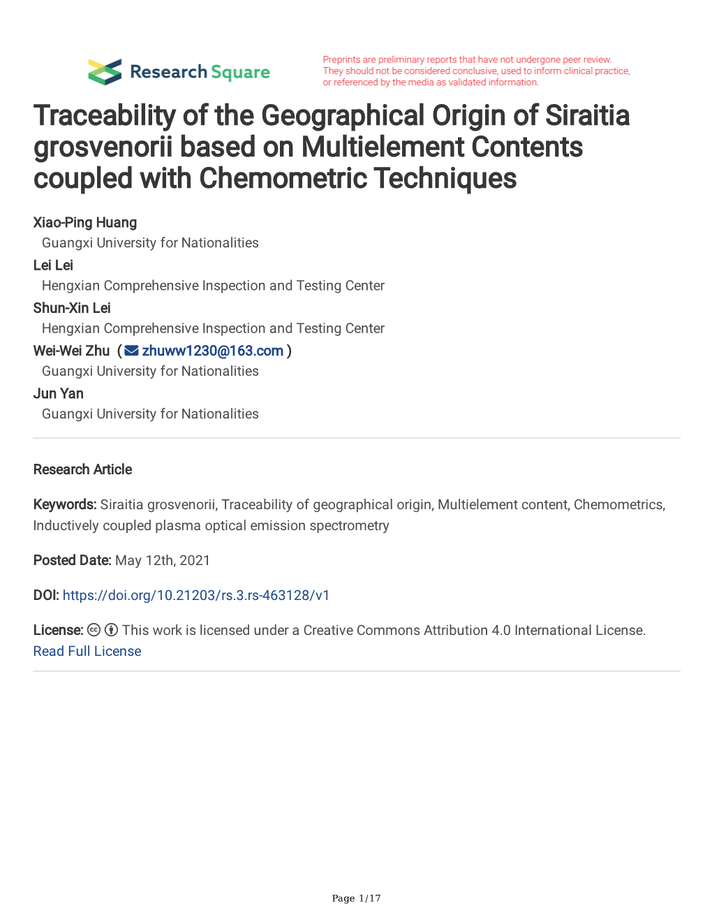 Traceability of the Geographical Origin of Siraitia Grosvenorii Based on Multielement Contents Coupled with Chemometric Techniques