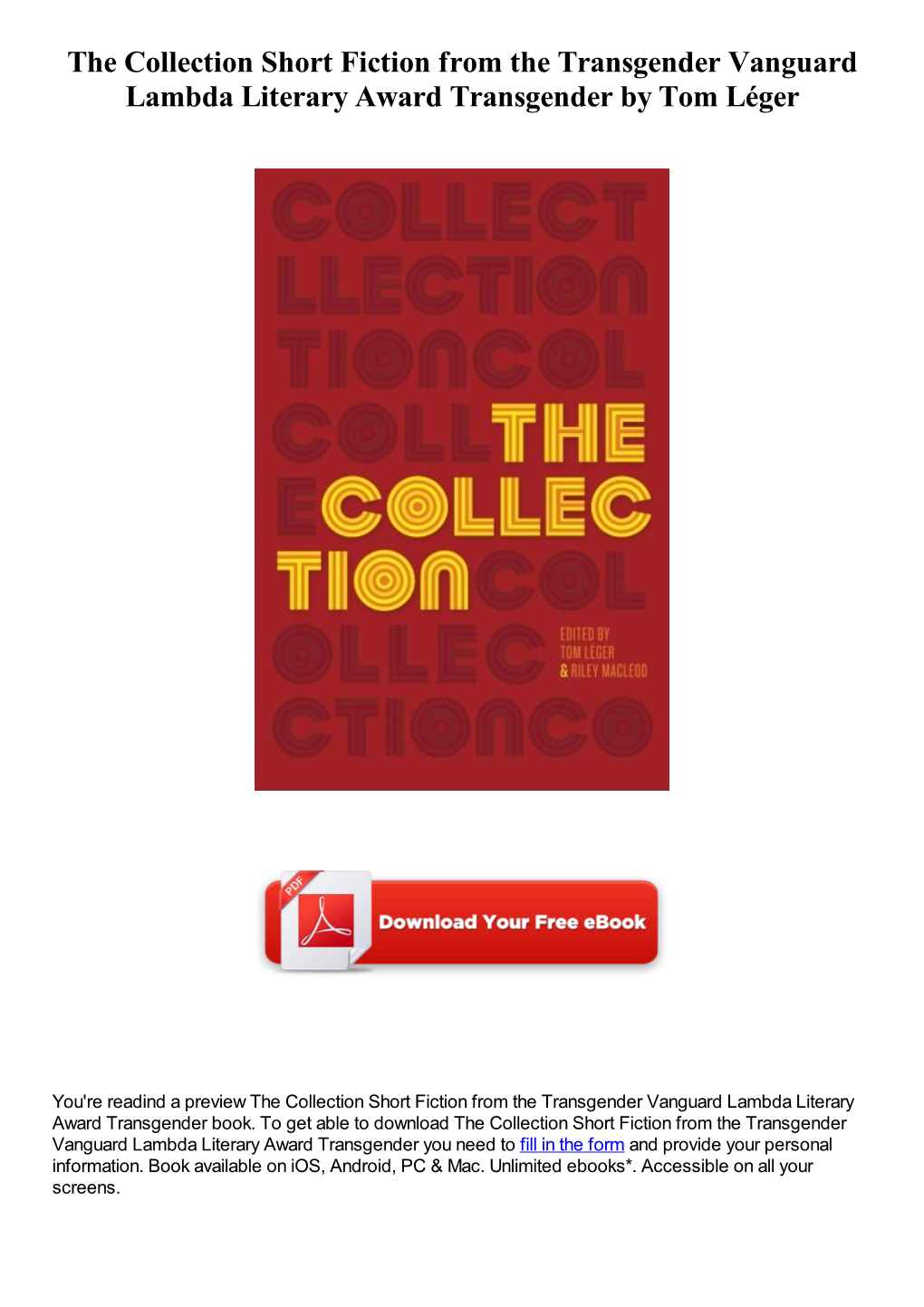 The Collection Short Fiction from the Transgender Vanguard Lambda Literary Award Transgender by Tom Léger