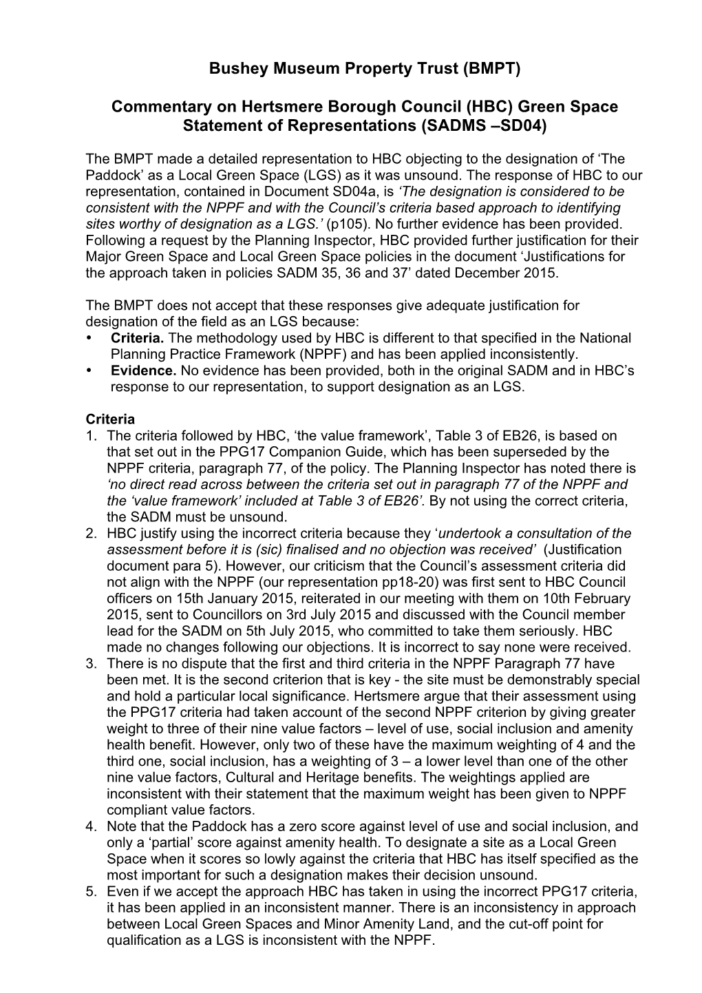 (BMPT) Commentary on Hertsmere Borough Council