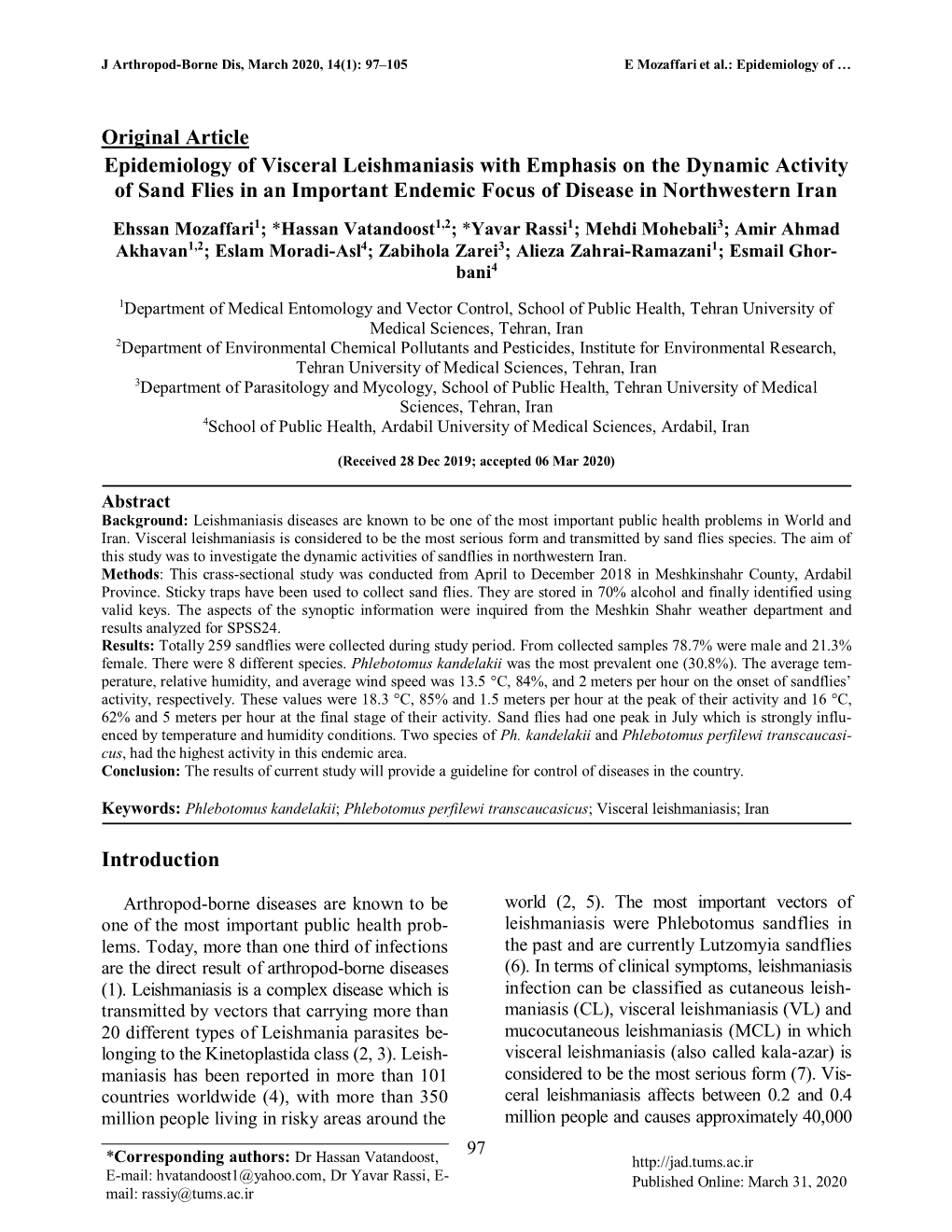 Original Article Epidemiology of Visceral Leishmaniasis With