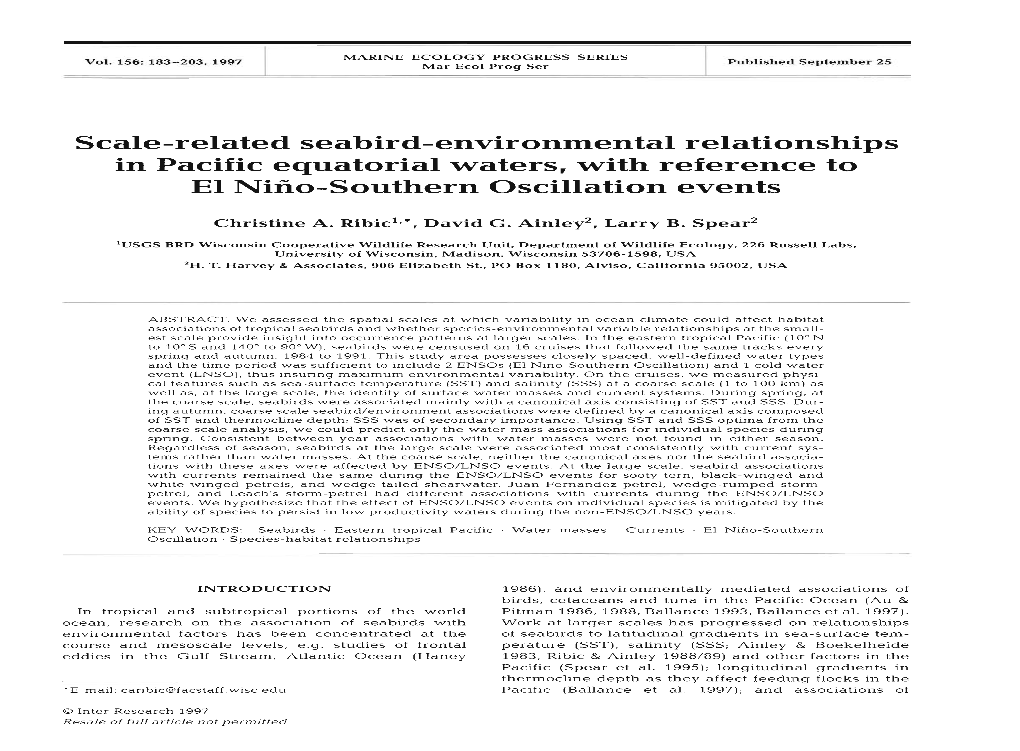 Scale-Related Seabird-Environmental Relationships in Pacific Equatorial Waters, with Reference to El Nino-Southern Oscillation Events