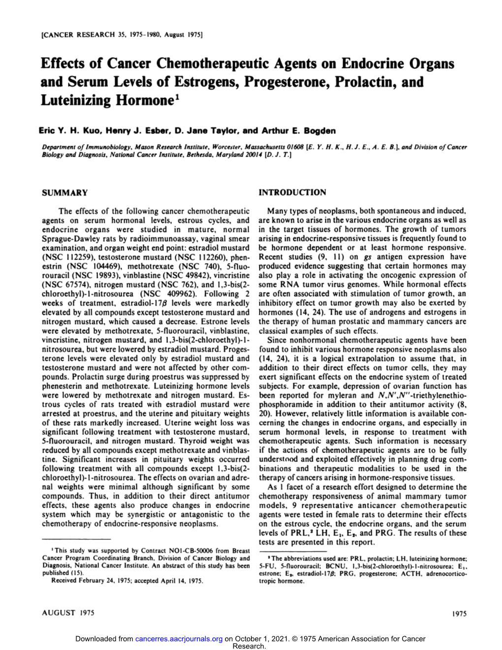 Effects of Cancer Chemotherapeutic Agents on Endocrine Organs and Serum Levels of Estrogens, Progesterone, Prolactin, and Luteinizing Hormone'