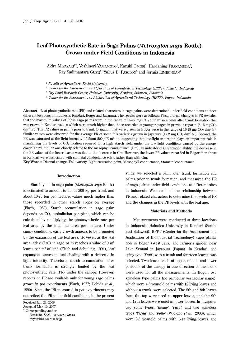 Leaf Photosynthetic Rate in Sago Palms (Metroxylon Sagu Rottb.) Grown Under Field Conditions in Indonesia