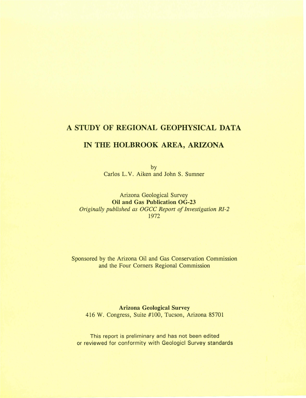 A Study of Regional Geophysical Data in the Holbrook Area, Arizona