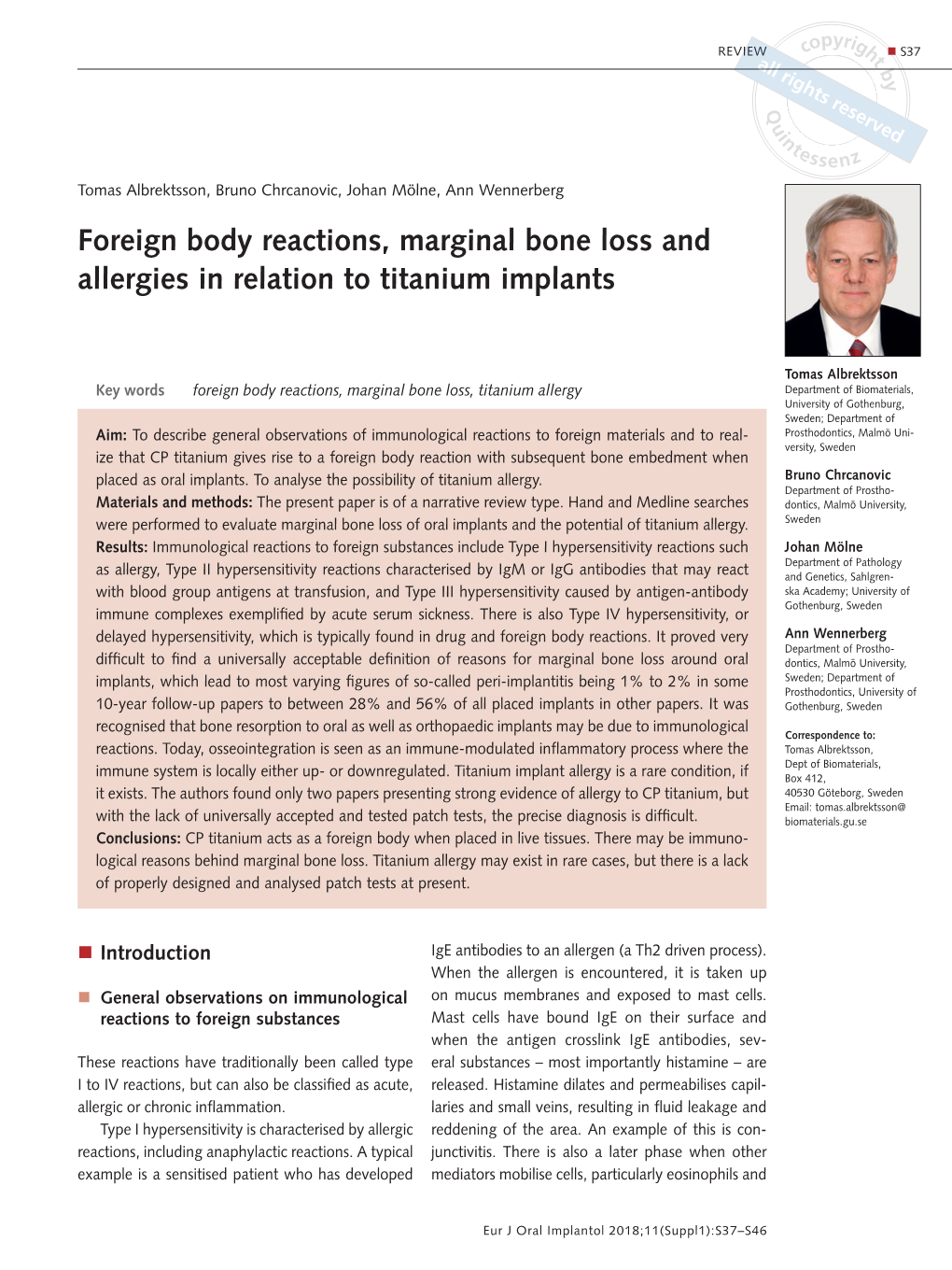 Foreign Body Reactions, Marginal Bone Loss and Allergies in Relation to Titanium Implants