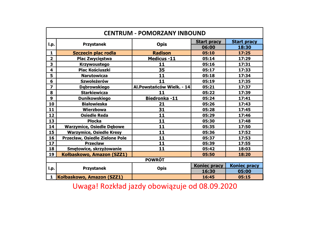 Uwaga! Rozkład Jazdy Obowiązuje Od 08.09.2020