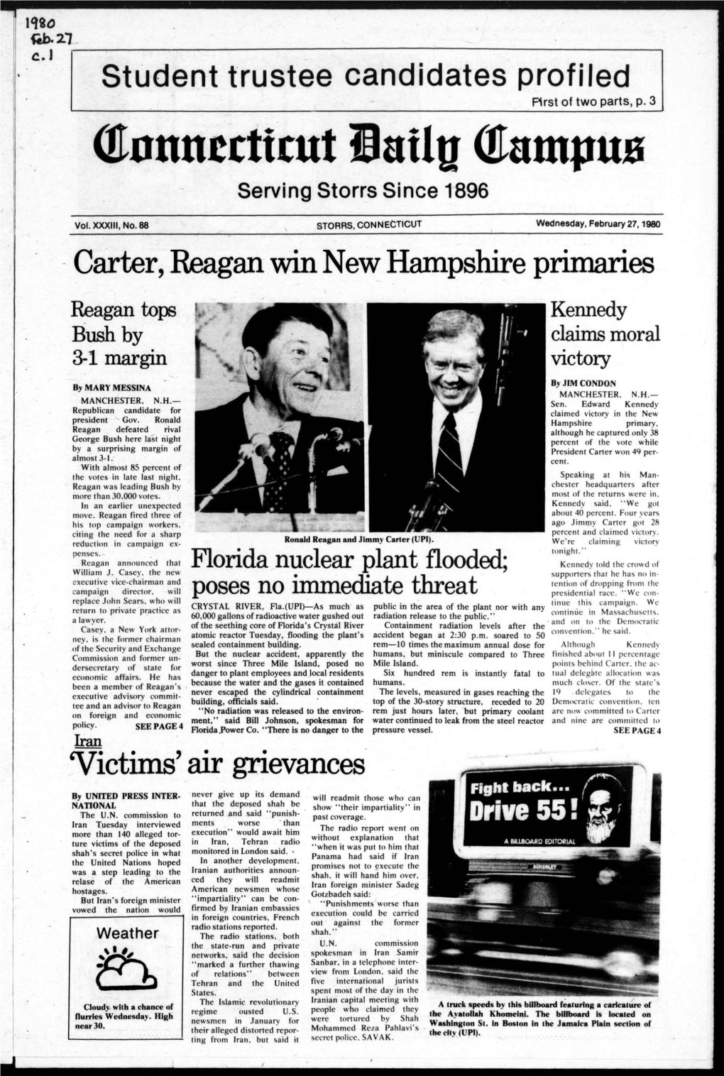 Carter, Reagan Win New Hampshire Primaries Reagan Tops Kennedy Bush by Claims Moral 3-1 Margin Victory