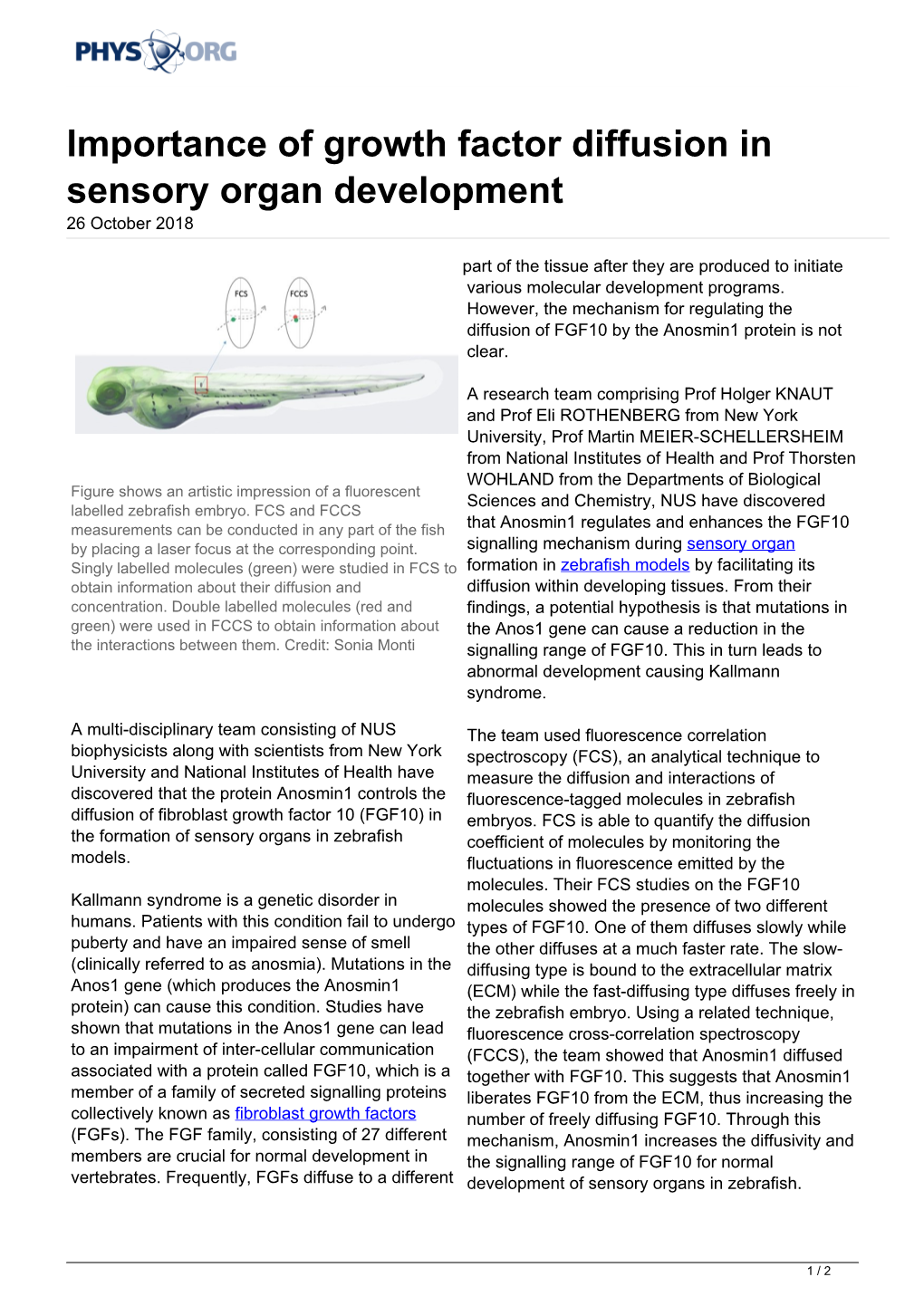 Importance of Growth Factor Diffusion in Sensory Organ Development 26 October 2018