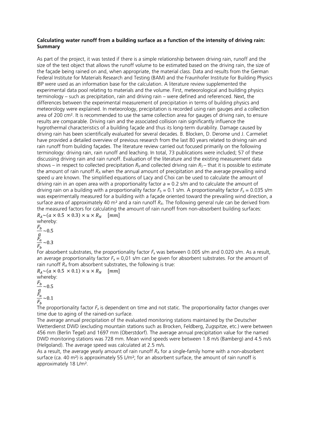 Calculating Water Runoff from a Building Surface As a Function of the Intensity of Driving Rain: Summary