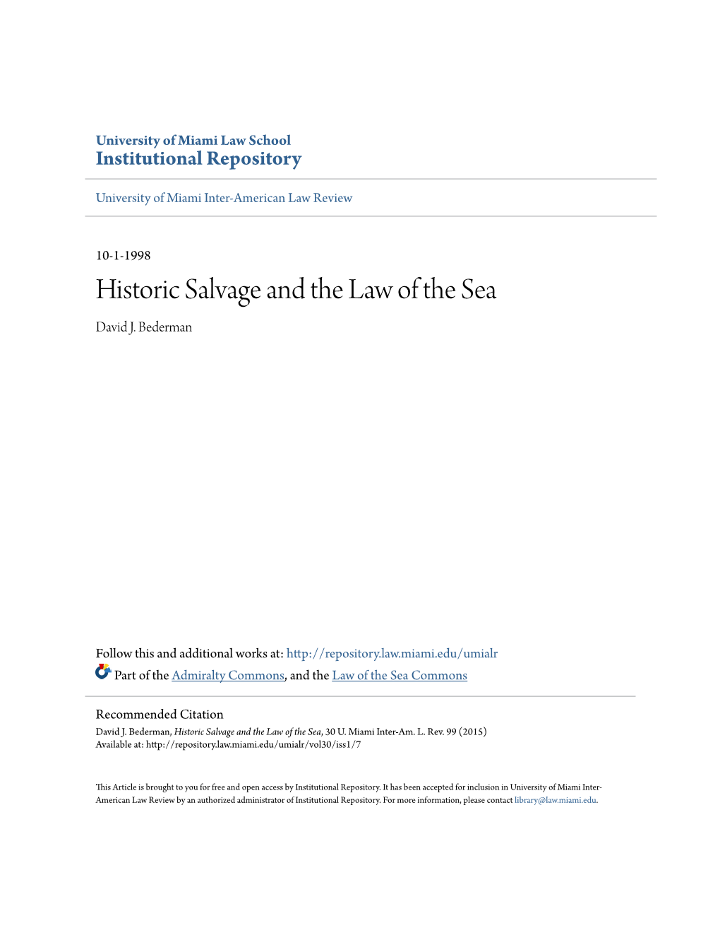 Historic Salvage and the Law of the Sea David J