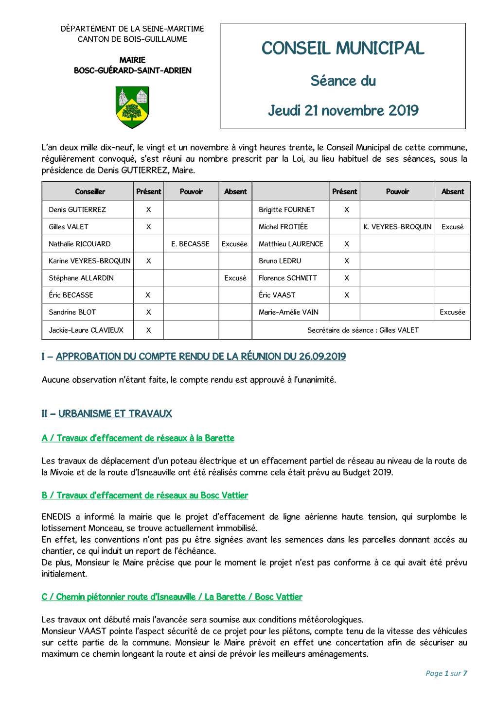 CONSEIL MUNICIPAL MAIRIE BOSC -GUÉRARD -SAINT -ADRIEN Séance Du Jeudi 21 Novembre 2019