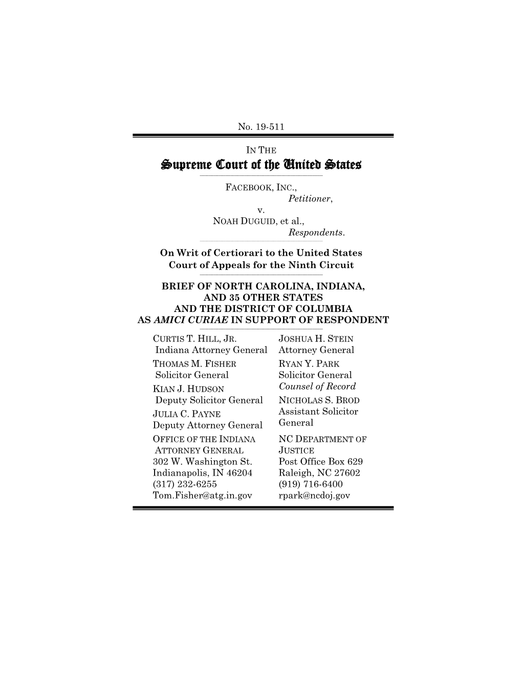 Brief of North Carolina, Indiana, and 35 Other States and the District of Columbia As Amici Curiae in Support of Respondent ______