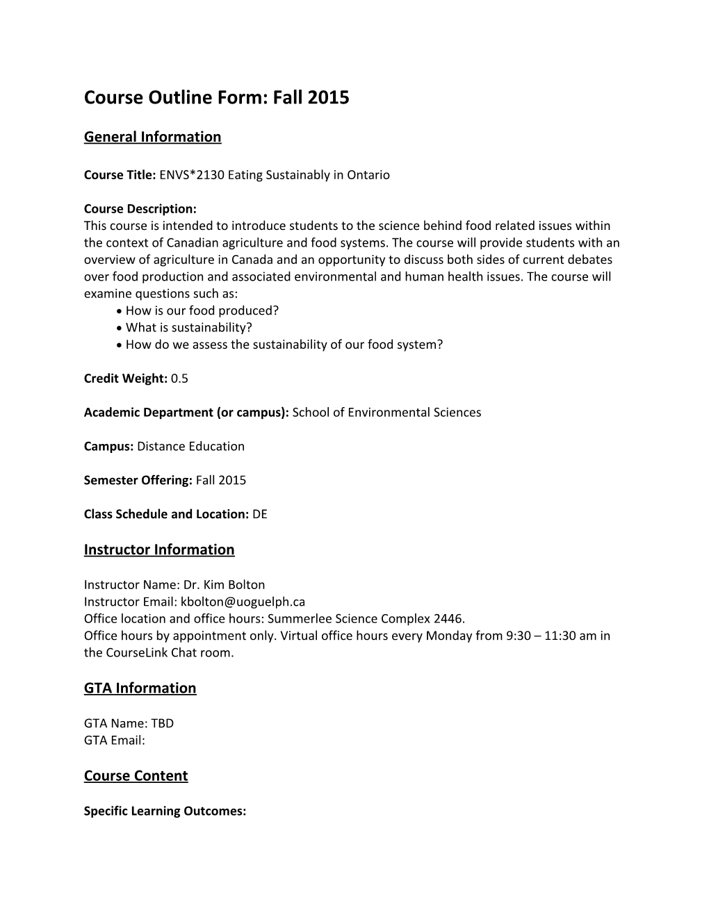 Course Outline Form: Fall 2015