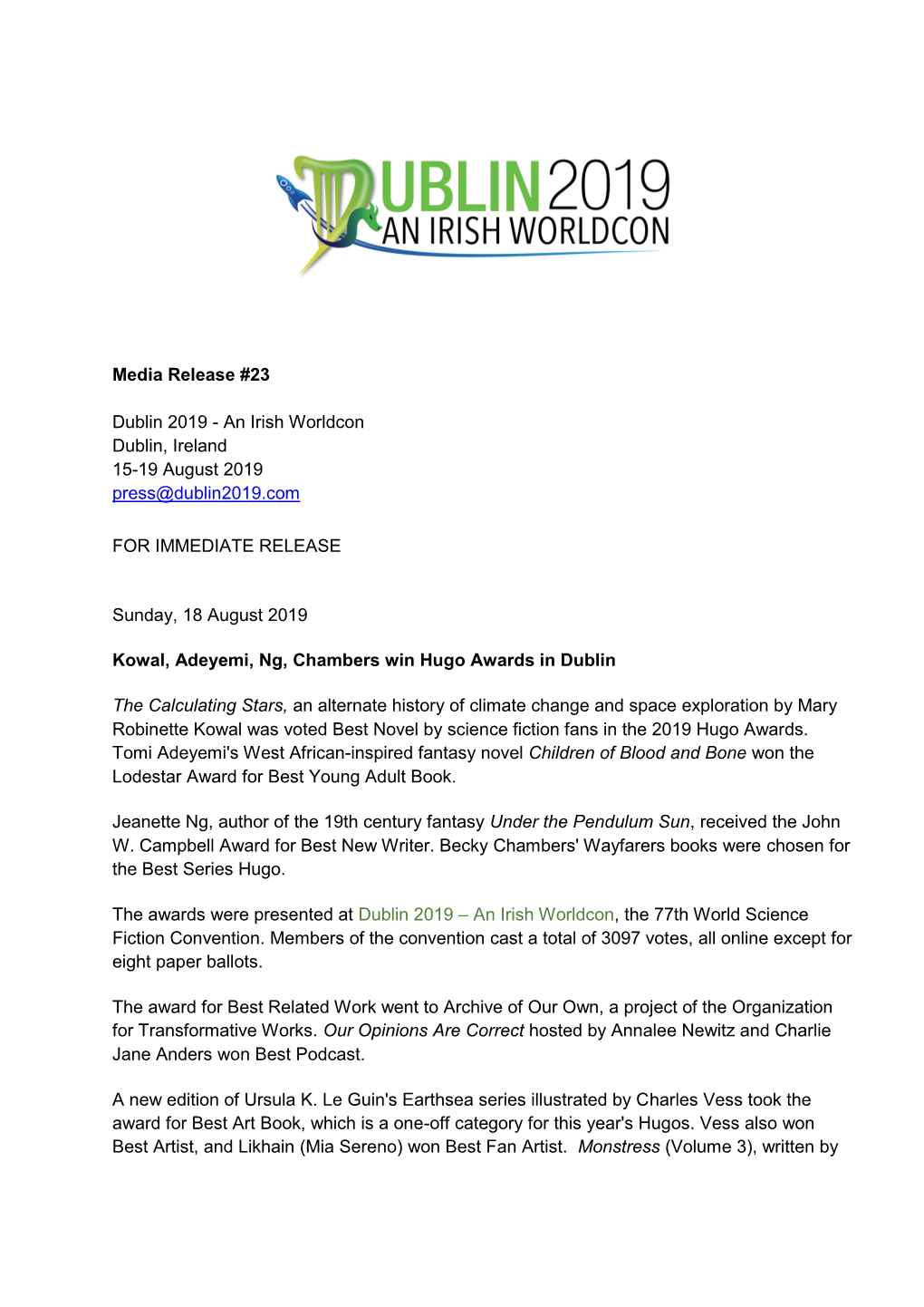 Media Release #23 Dublin 2019