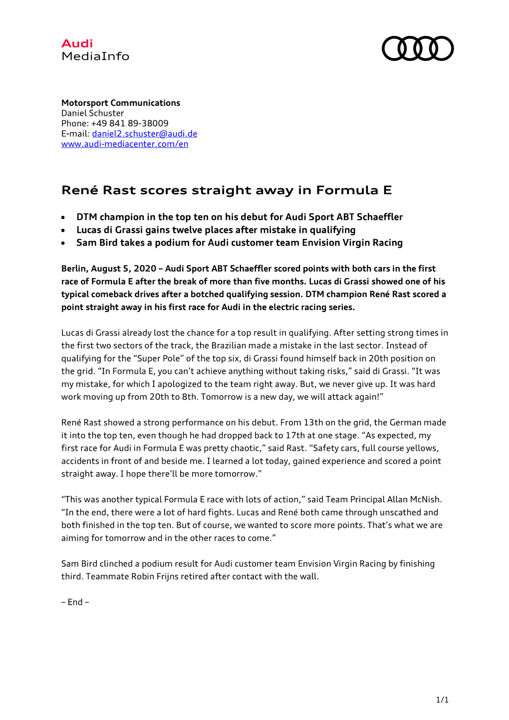 René Rast Scores Straight Away in Formula E
