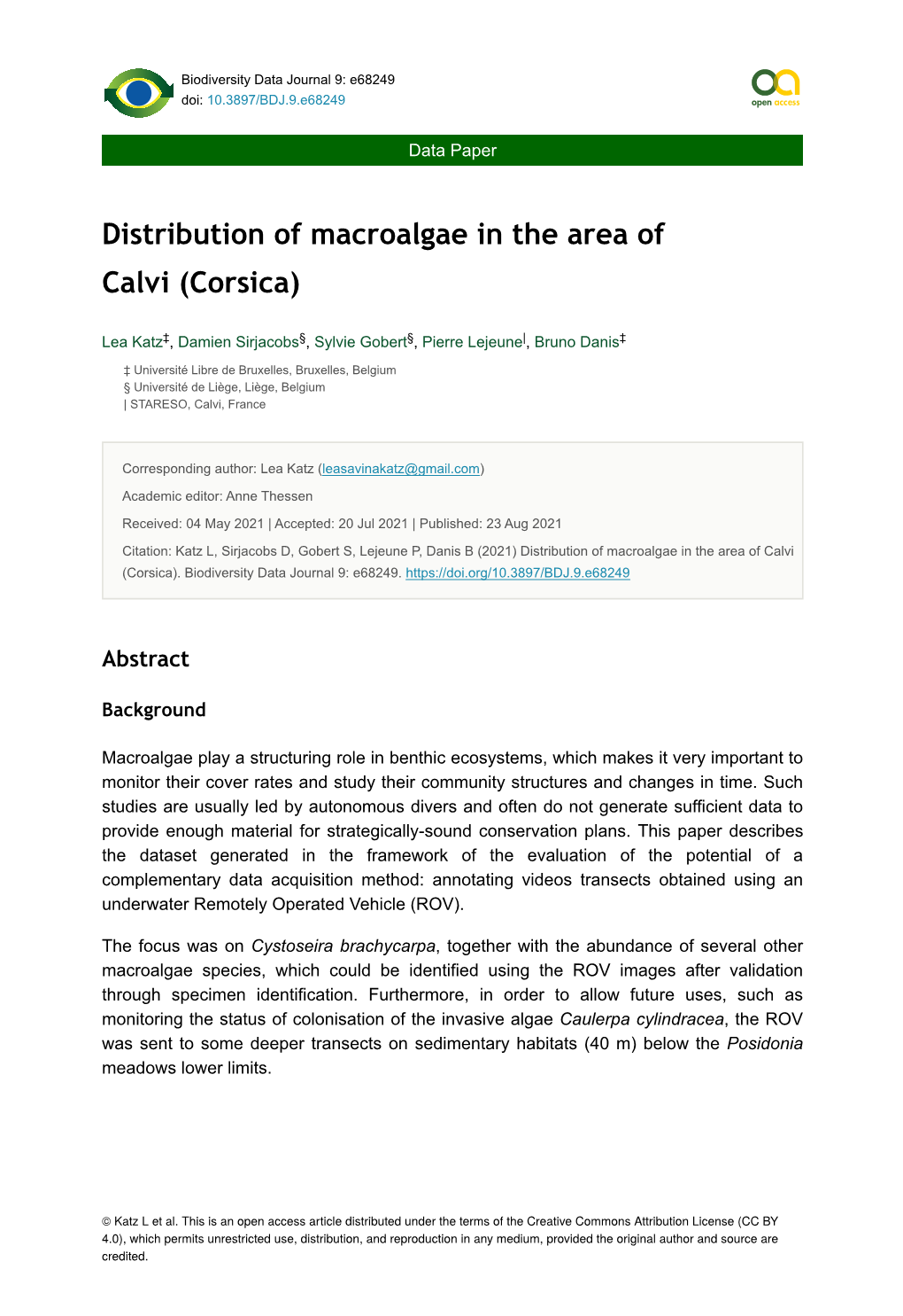 Distribution of Macroalgae in the Area of Calvi (Corsica)