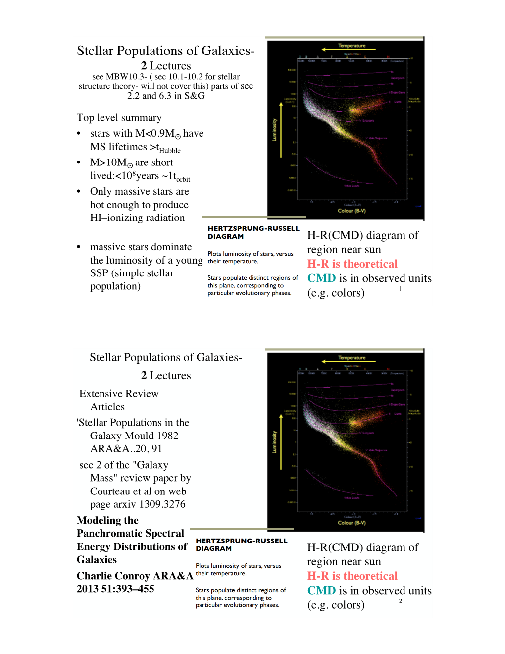 Stellar Populations of Galaxies-" 2 Lectures " See MBW10.3- ( Sec 10.1-10.2 for Stellar Structure Theory- Will Not Cover This) Parts of Sec 2.2 and 6.3 in S&G!