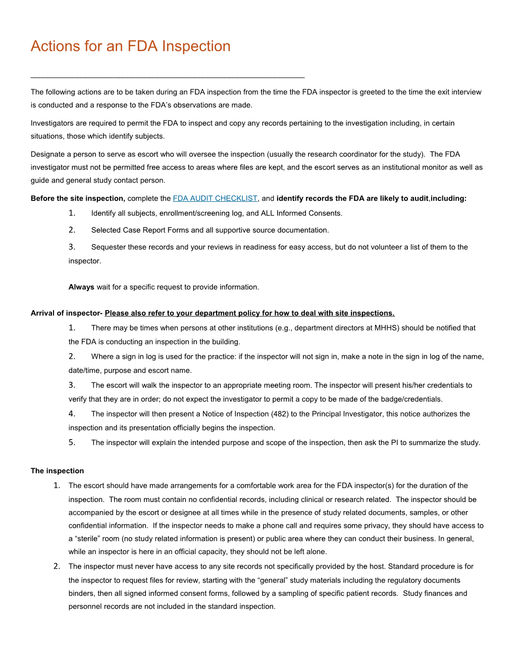 Actions for an FDA Inspection