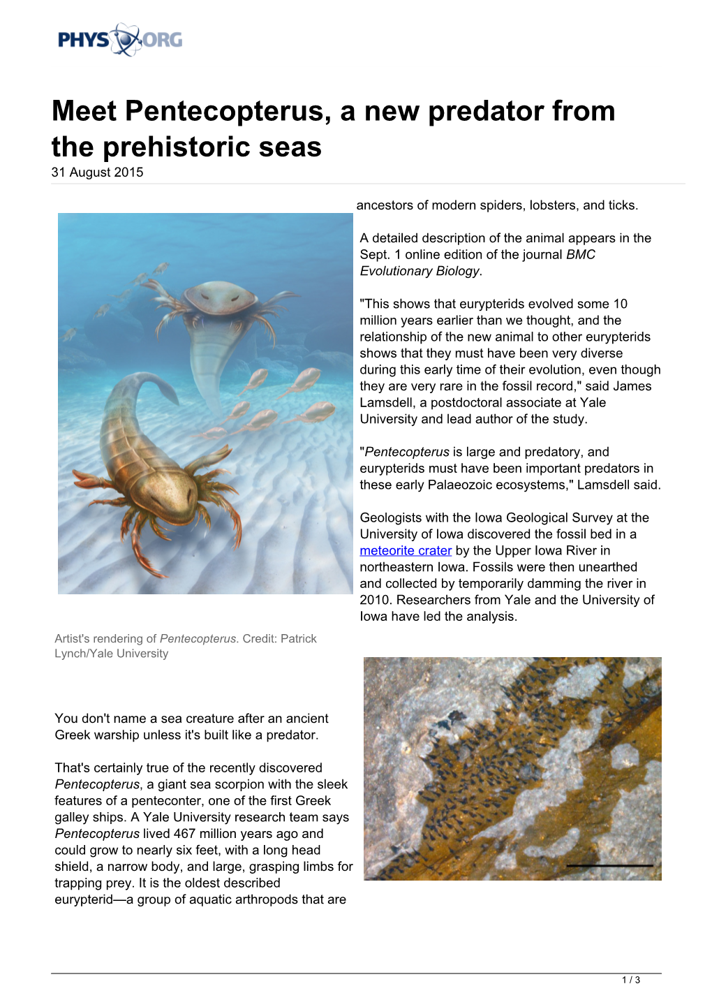 Meet Pentecopterus, a New Predator from the Prehistoric Seas 31 August 2015