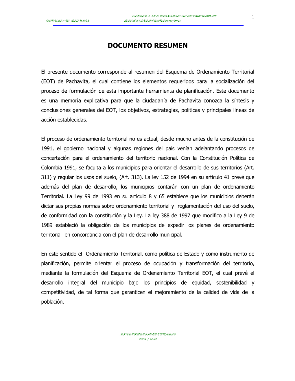 Documento Resumen Pachavita Boyaca 2003/2012