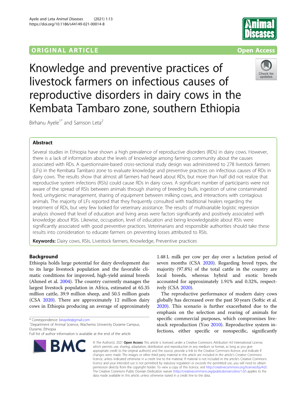 Knowledge and Preventive Practices of Livestock Farmers on Infectious Causes of Reproductive Disorders in Dairy Cows in the Kemb