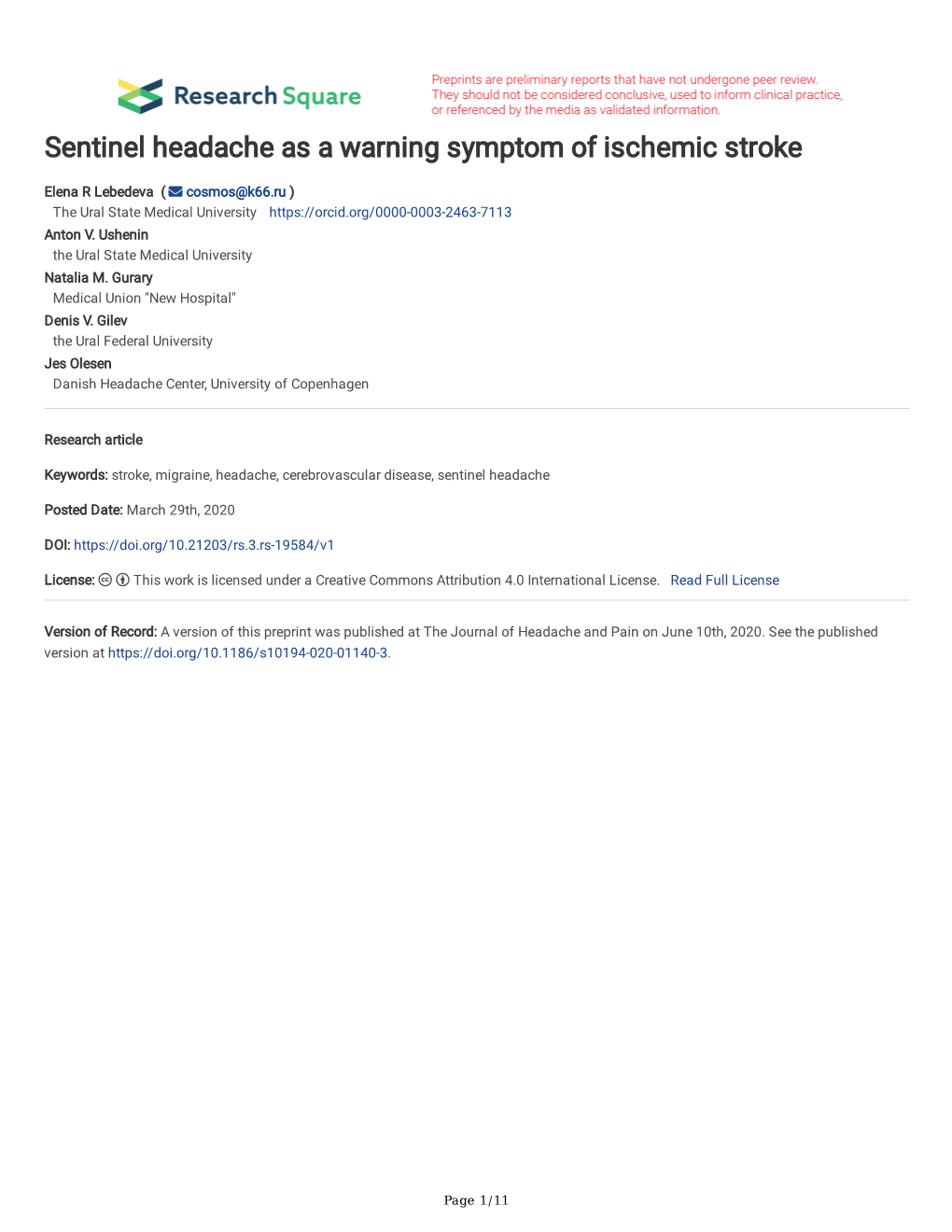 Sentinel Headache As a Warning Symptom of Ischemic Stroke