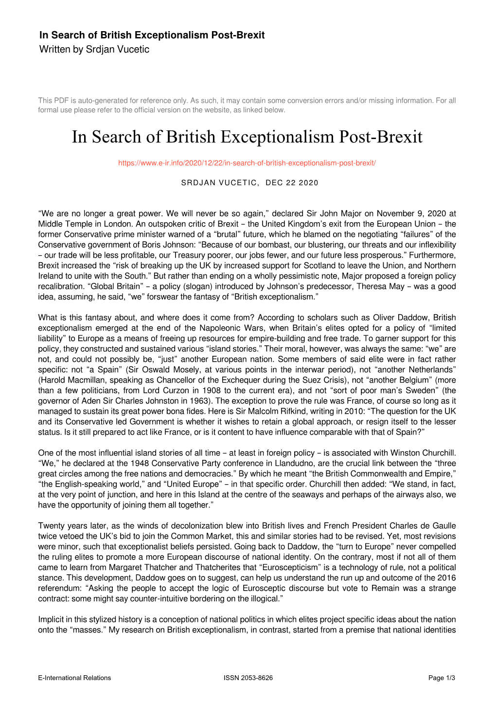 In Search of British Exceptionalism Post-Brexit Written by Srdjan Vucetic