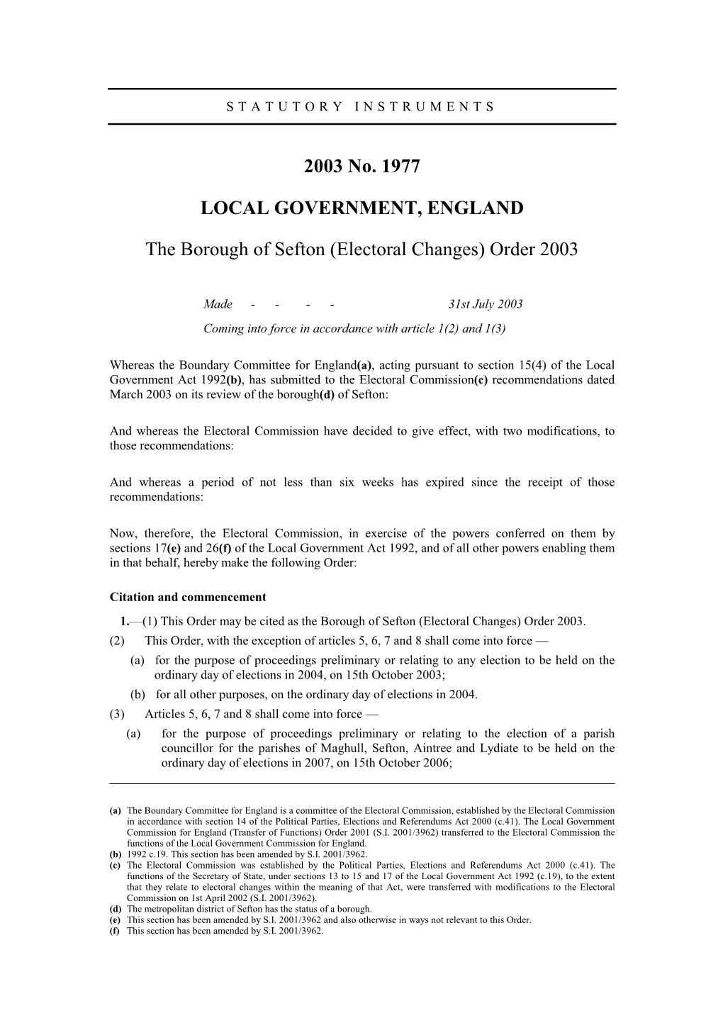 (Electoral Changes) Order 2003