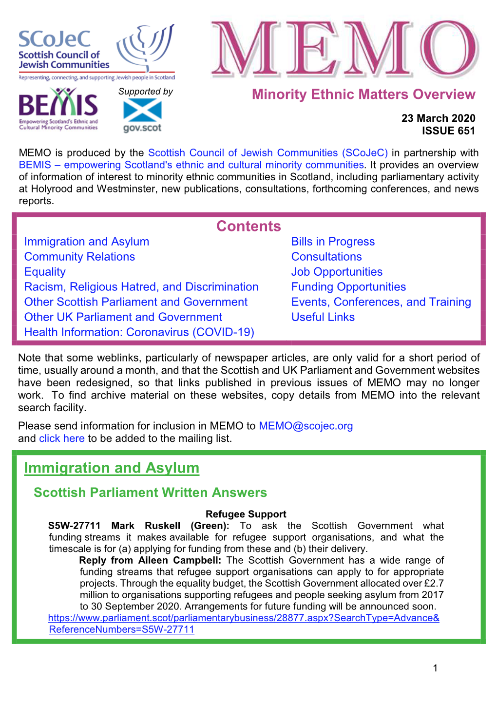 MEMO Is Produced by the Scottish Council of Jewish Communities (Scojec) in Partnership with BEMIS – Empowering Scotland's Ethnic and Cultural Minority Communities