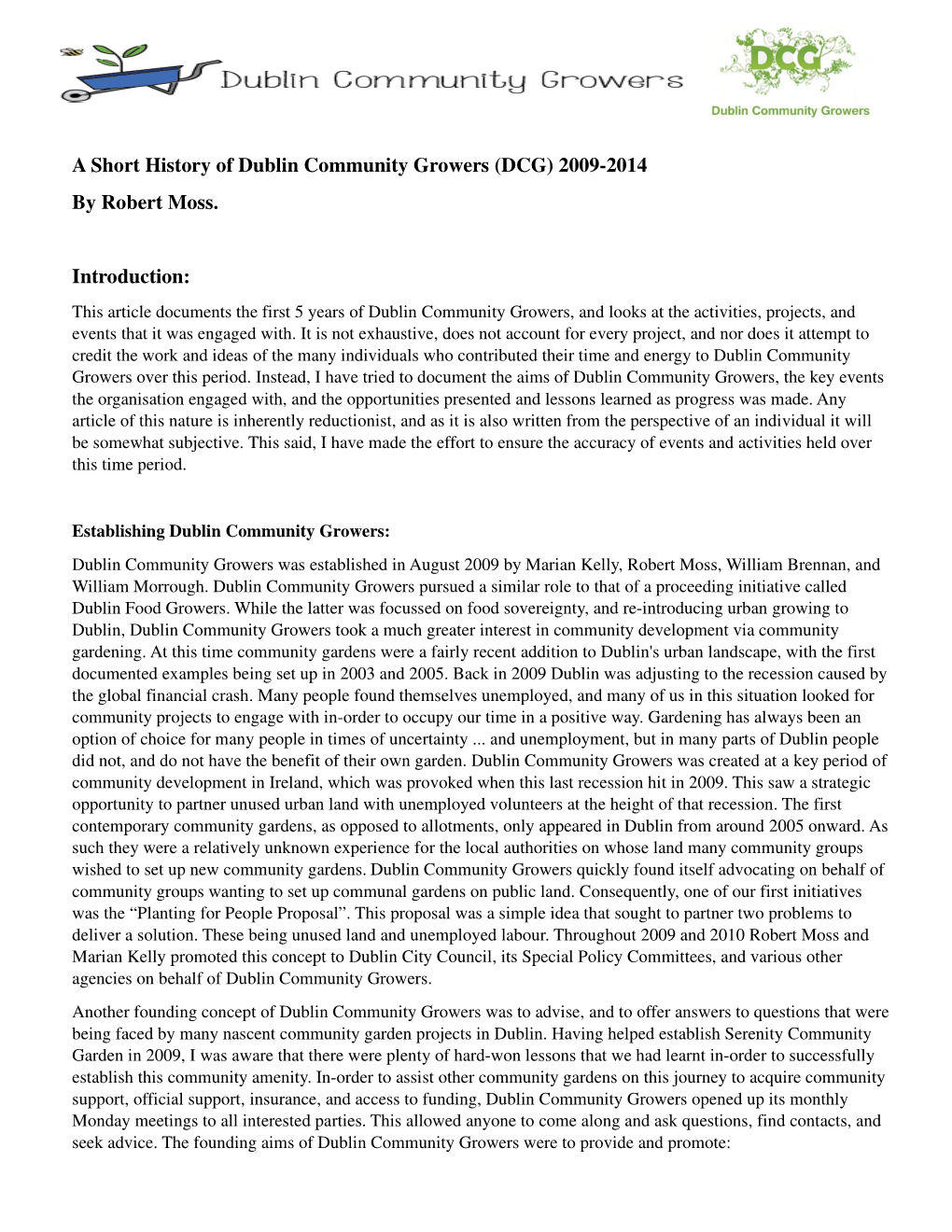 A Short History of Dublin Community Growers (DCG) 2009-2014 by Robert Moss