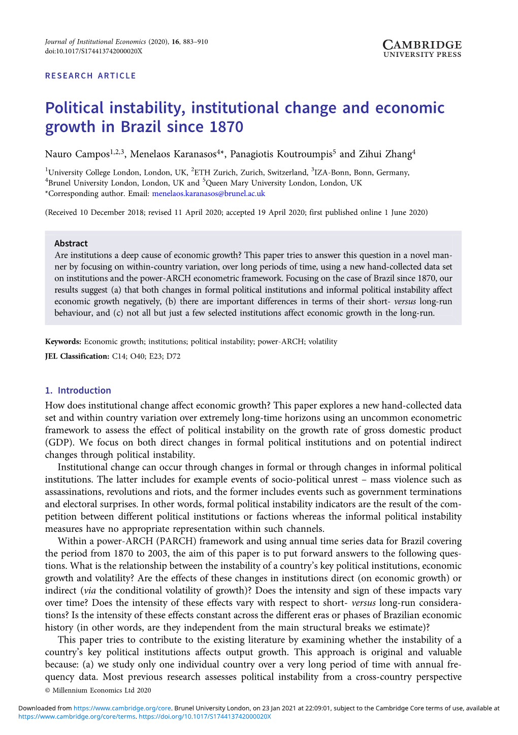 Political Instability, Institutional Change and Economic Growth in Brazil Since 1870