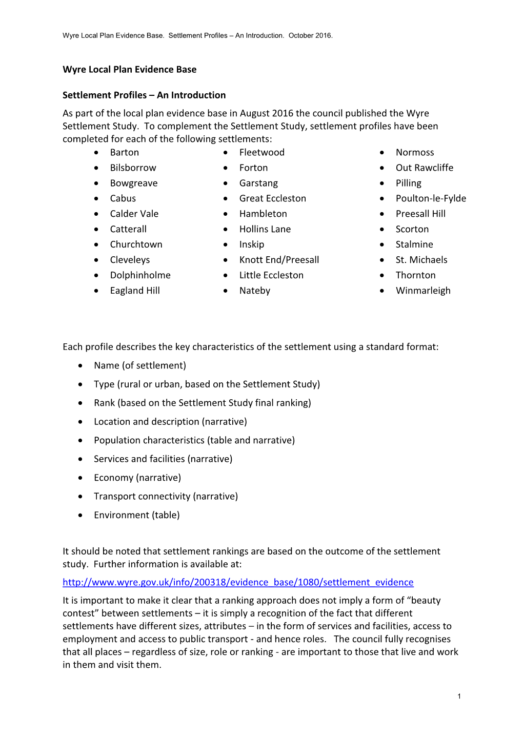 Settlement Profiles an Introduction